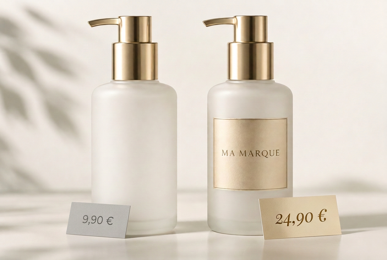 Le produit cosmétique sans marque vendu 9,90 € à côté du même produit personnalisé avec votre logo vendu 24,90 €
